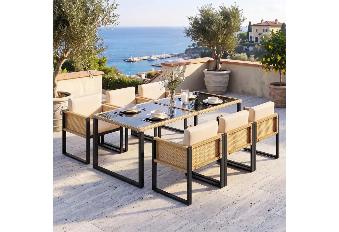 Flieks Garten-Essgruppe 7-tlg. Braunes Polyrattan Set mit 6 Stühlen & Tisch