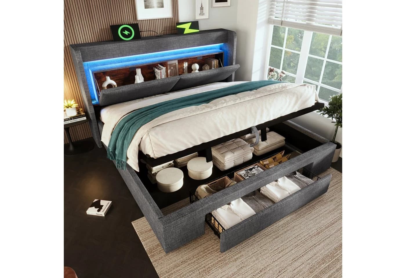 Flieks Polsterbett 180x200 Grau mit LED, USB & Stauraum - Bild 2