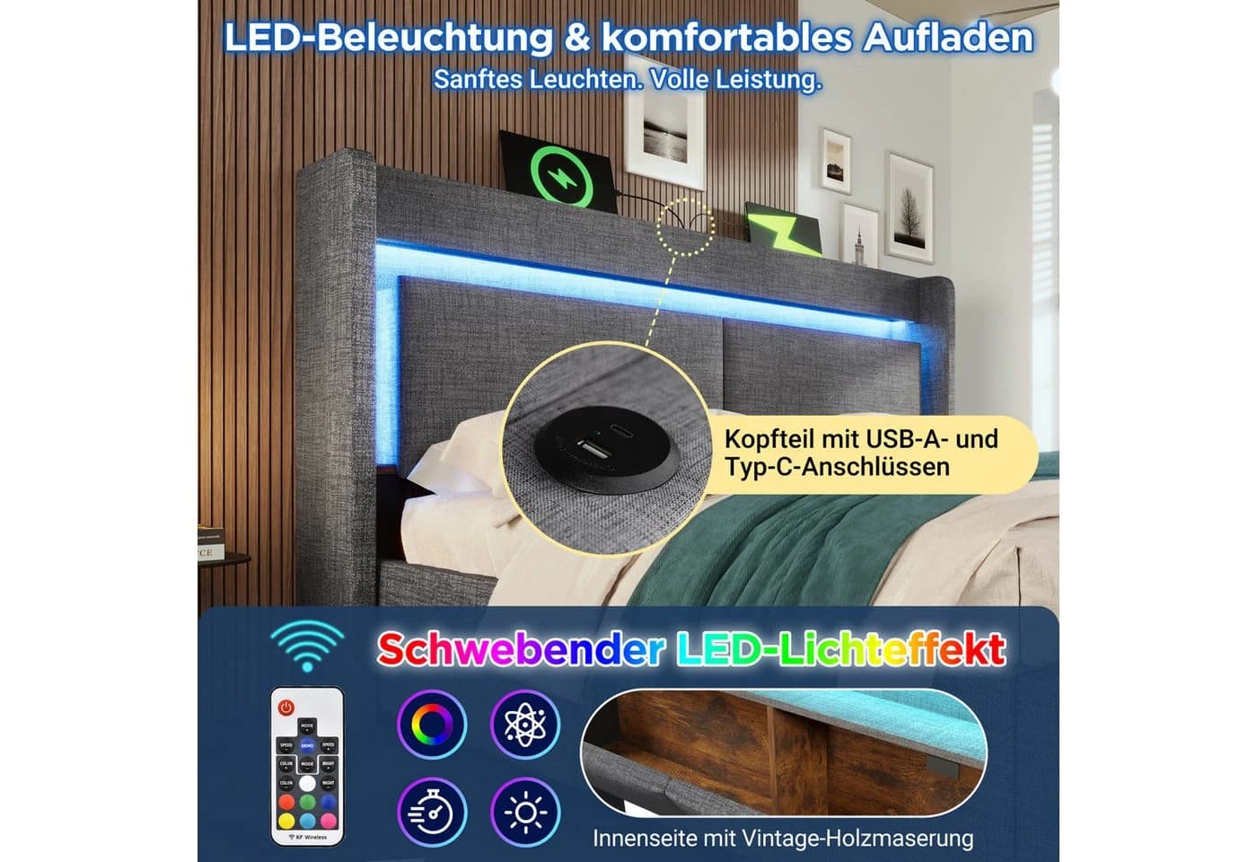Flieks Polsterbett 180x200 Grau mit LED, USB & Stauraum - Bild 4