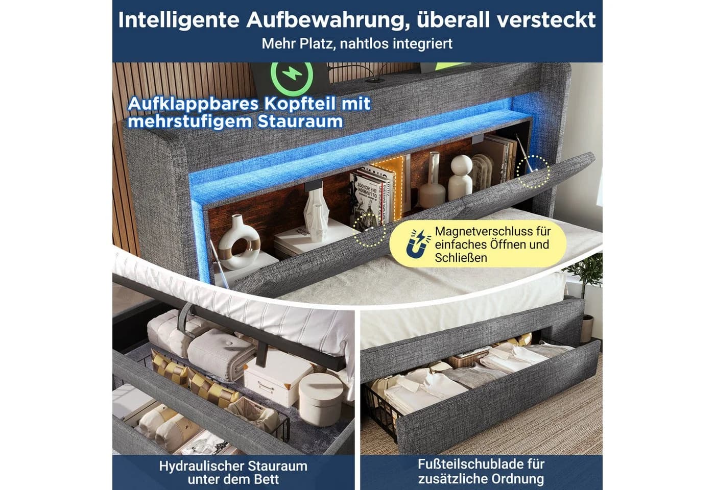 Flieks Polsterbett 180x200 Grau mit LED, USB & Stauraum - Bild 5