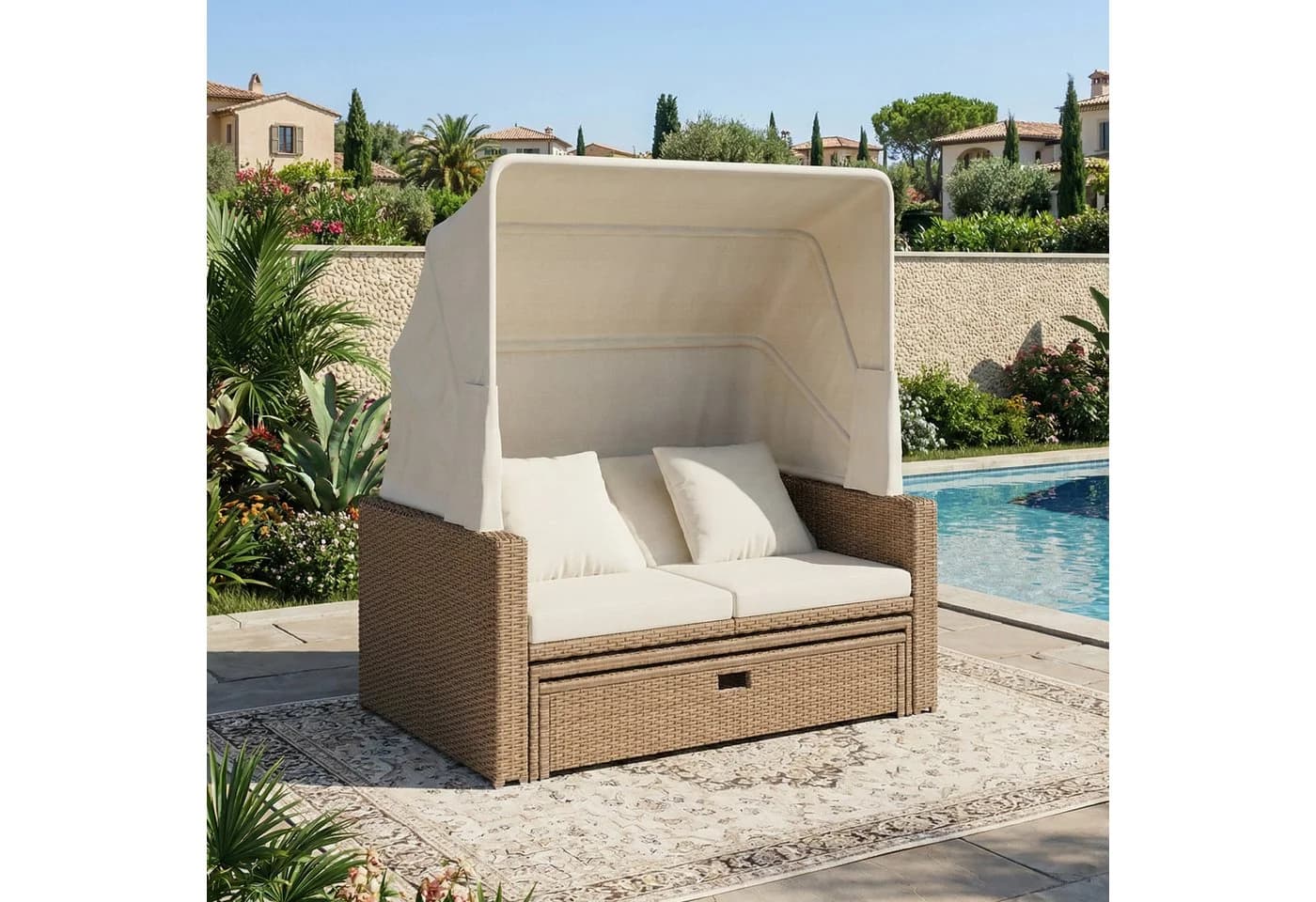 Flieks Gartenliege Gartensofa 2-4 Pers. Polyrattan mit Markise