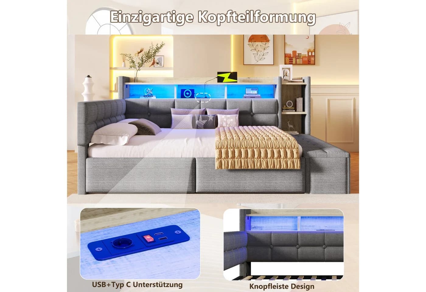 Flieks Daybett Polsterbett 140x190cm LED Aufladen Grau - Bild 4