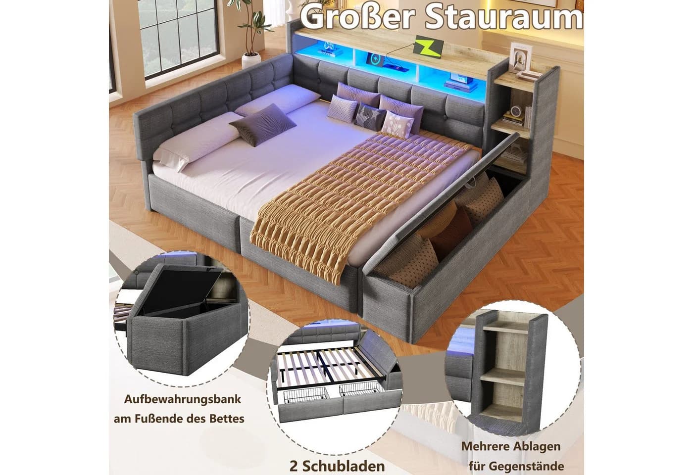 Flieks Daybett Polsterbett 140x190cm LED Aufladen Grau - Bild 5