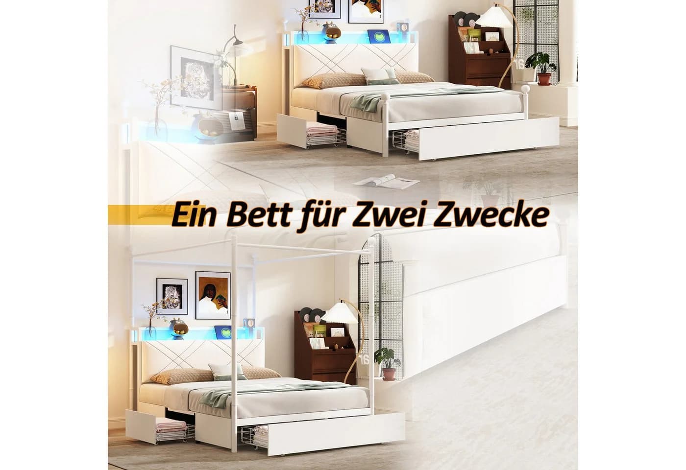 Flieks Himmelbett Weiß mit Stauraum und LED - Bild 5