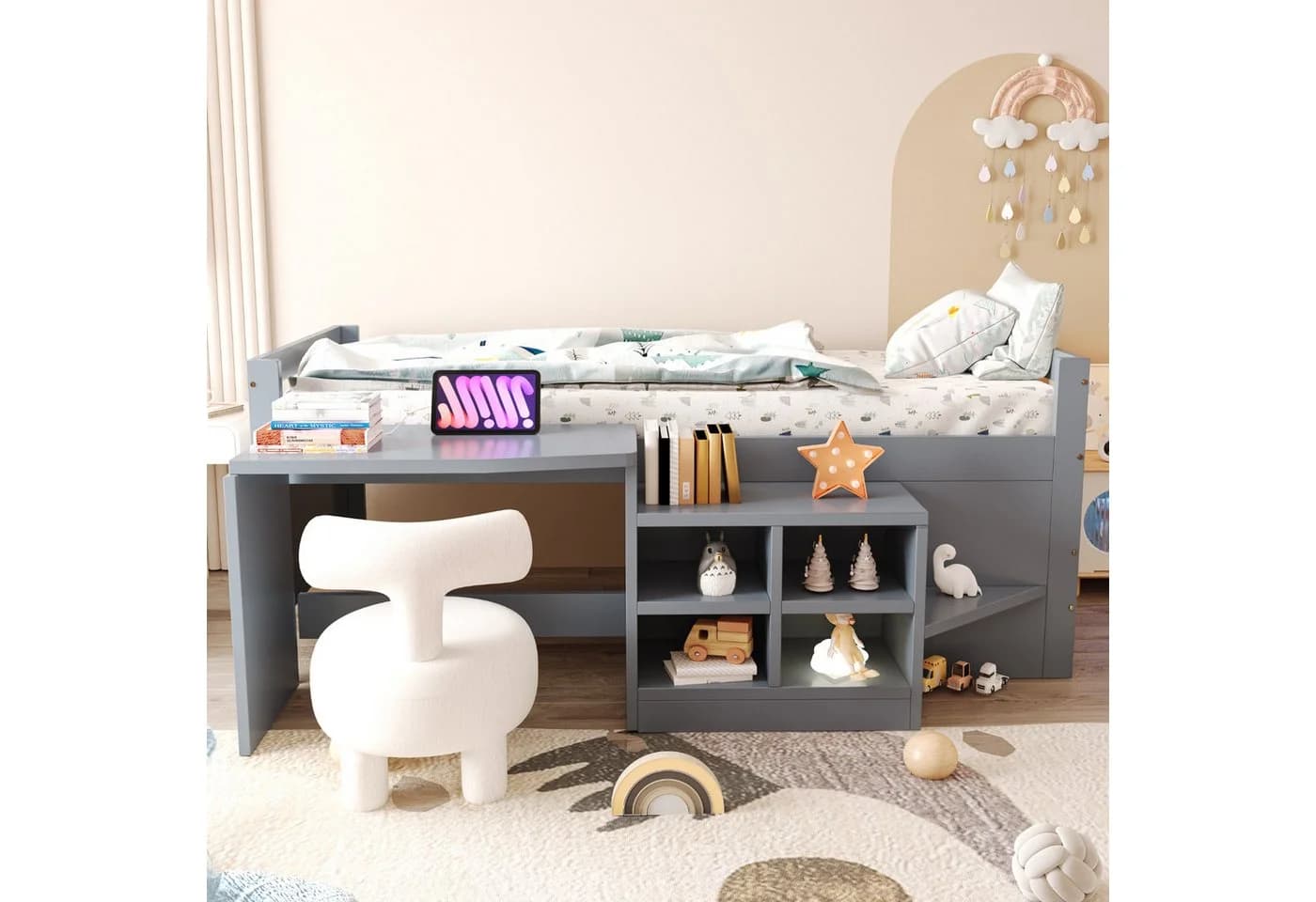 Flieks Halbhochbett Grau mit Schreibtisch und Schrank