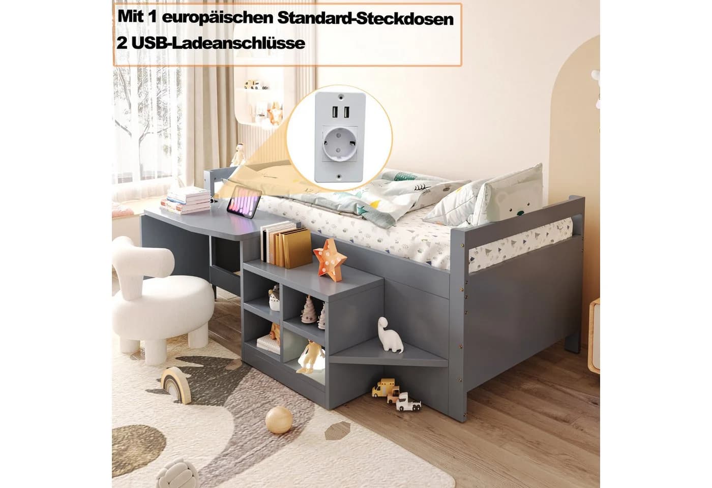 Flieks Halbhochbett Grau mit Schreibtisch und Schrank - Bild 3