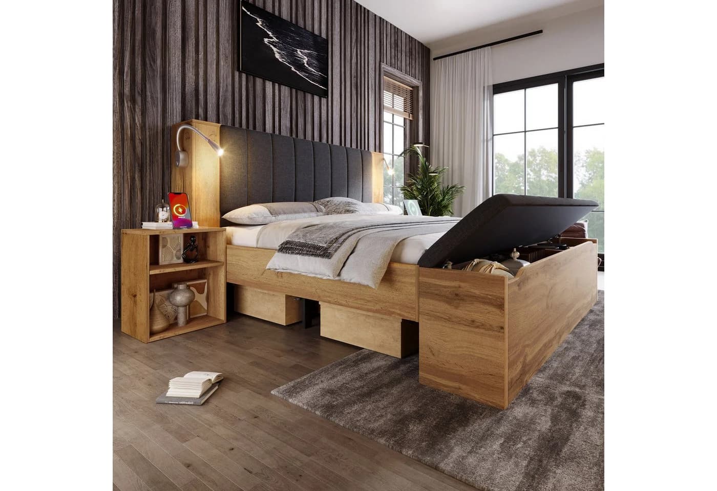 Flieks Holzbett Doppelbett 180x200cm Stauraumkopfteil USB