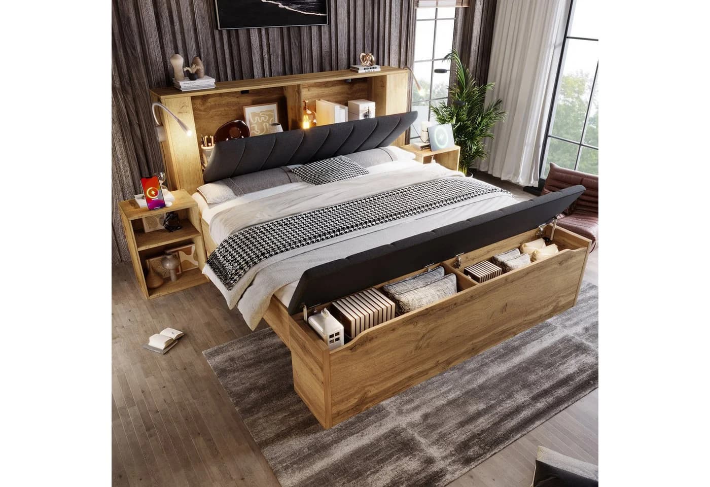 Flieks Holzbett Doppelbett 180x200cm Stauraumkopfteil USB - Bild 2