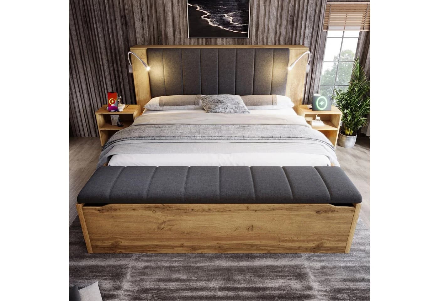 Flieks Holzbett Doppelbett 180x200cm Stauraumkopfteil USB - Bild 3