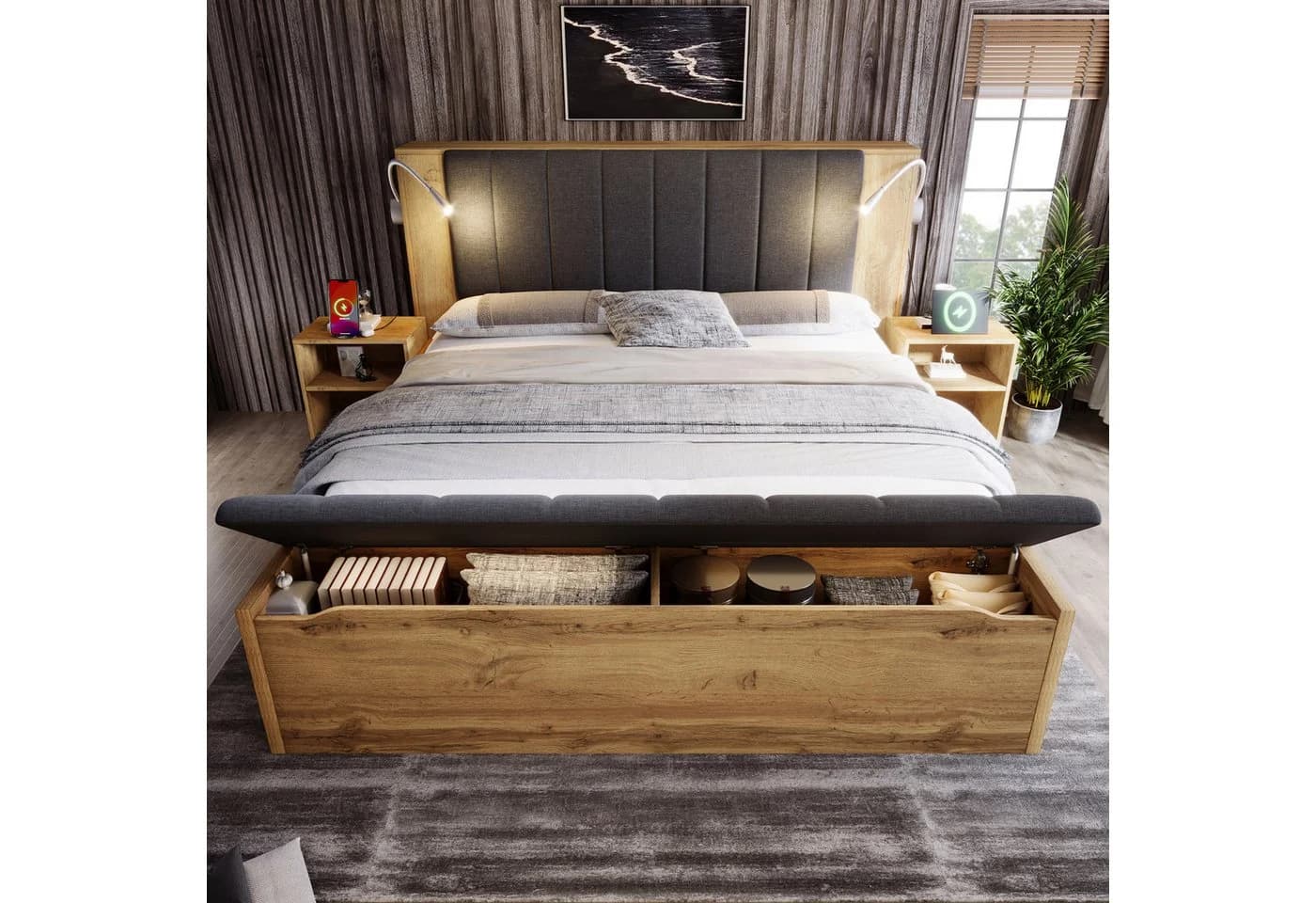 Flieks Holzbett Doppelbett 180x200cm Stauraumkopfteil USB - Bild 4