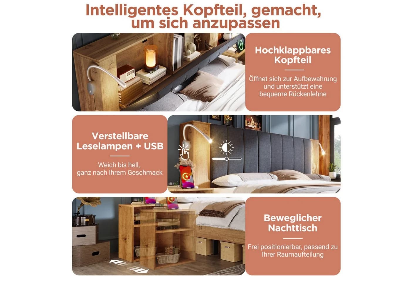 Flieks Holzbett Doppelbett 180x200cm Stauraumkopfteil USB - Bild 5