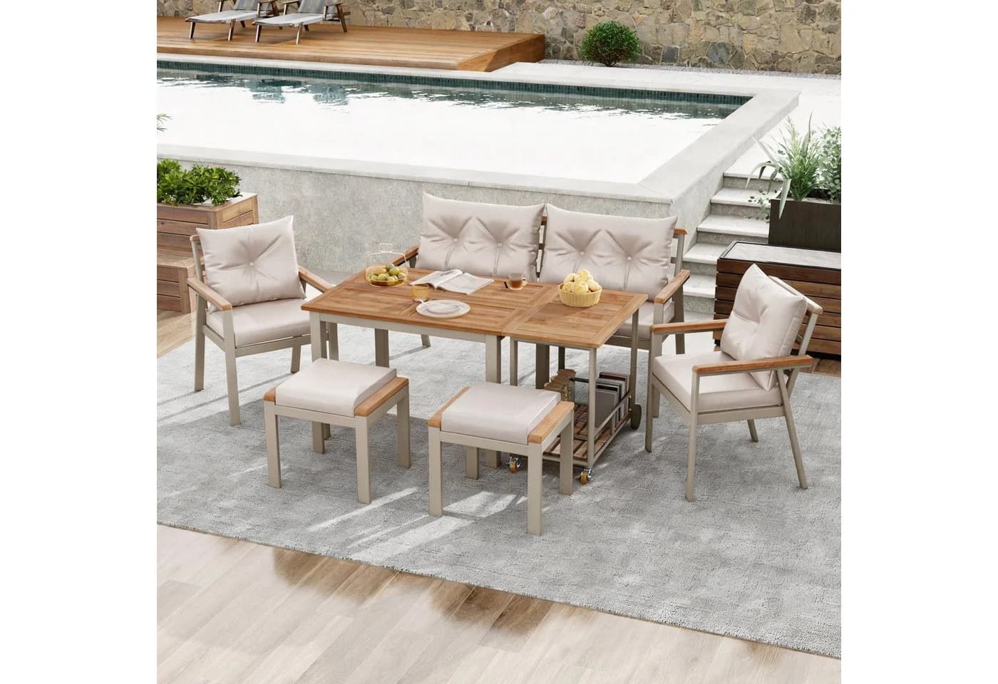 Flieks Gartenlounge-Set 6-Sitzer Beige mit Servierwagen - Bild 2
