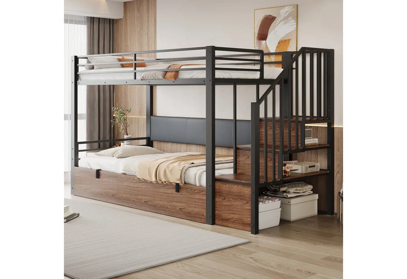 Flieks Etagenbett Schwarz mit hydraulischem Unterbett und Stauraumtreppe