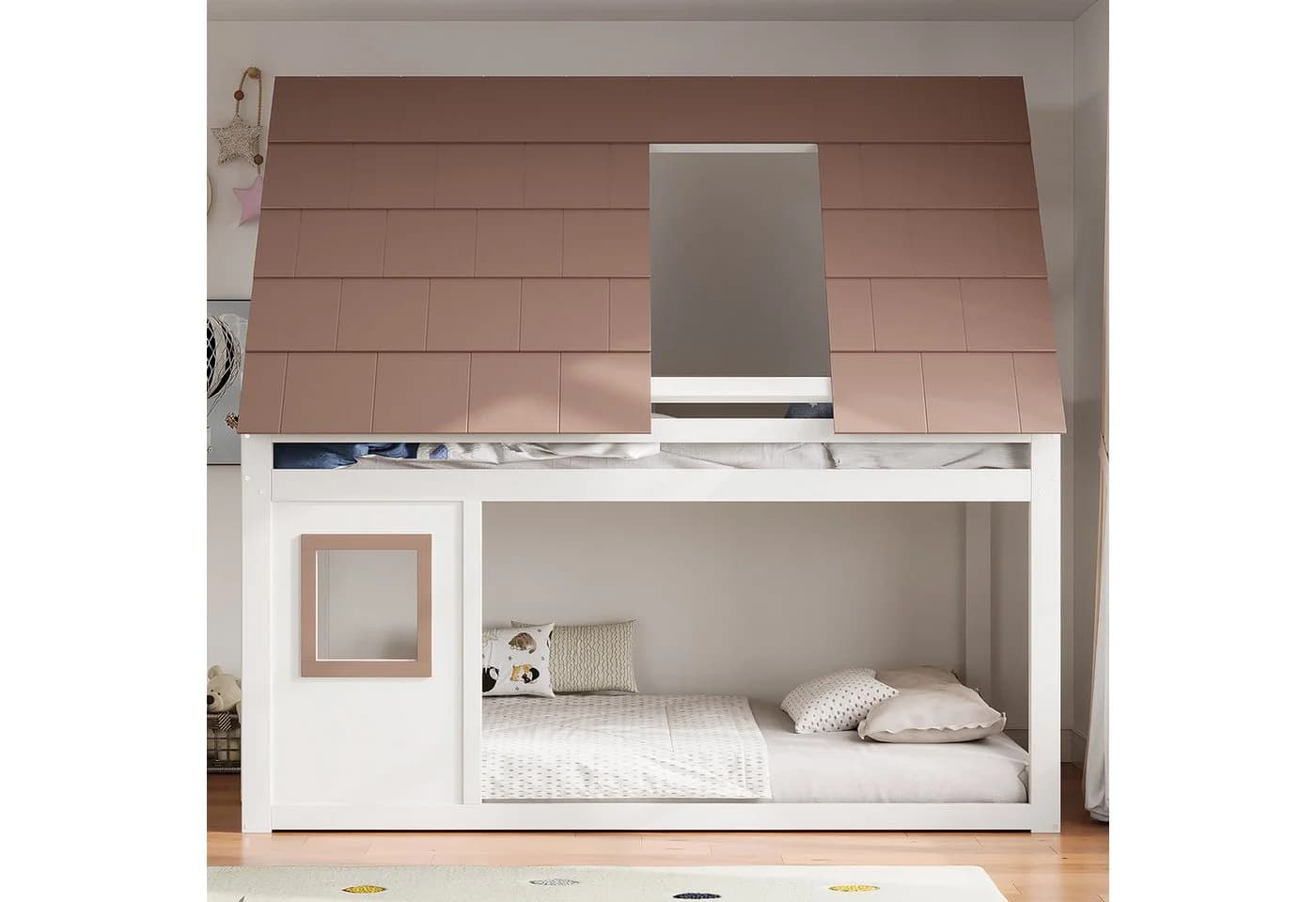 Flieks Etagenbett Kinderbett mit Dach und Fenster Weiß