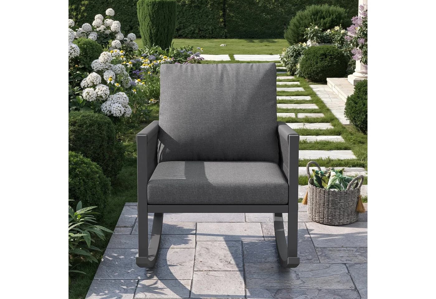 Flieks Gartenstuhl Grau mit Kissen und Kreuzseilwebtechnik