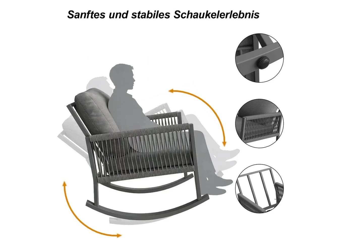Flieks Gartenstuhl Grau mit Kissen und Kreuzseilwebtechnik - Bild 4