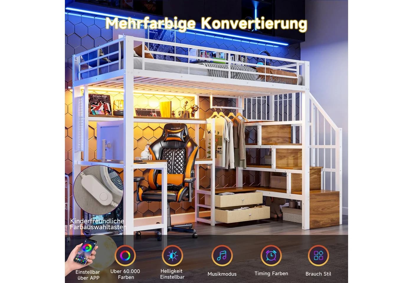 Flieks Hochbett Metall 90x200 mit Schreibtisch LED & Schubladen - Bild 3