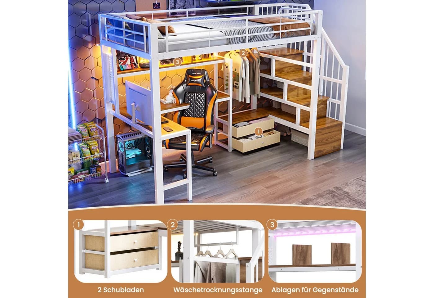 Flieks Hochbett Metall 90x200 mit Schreibtisch LED & Schubladen - Bild 4