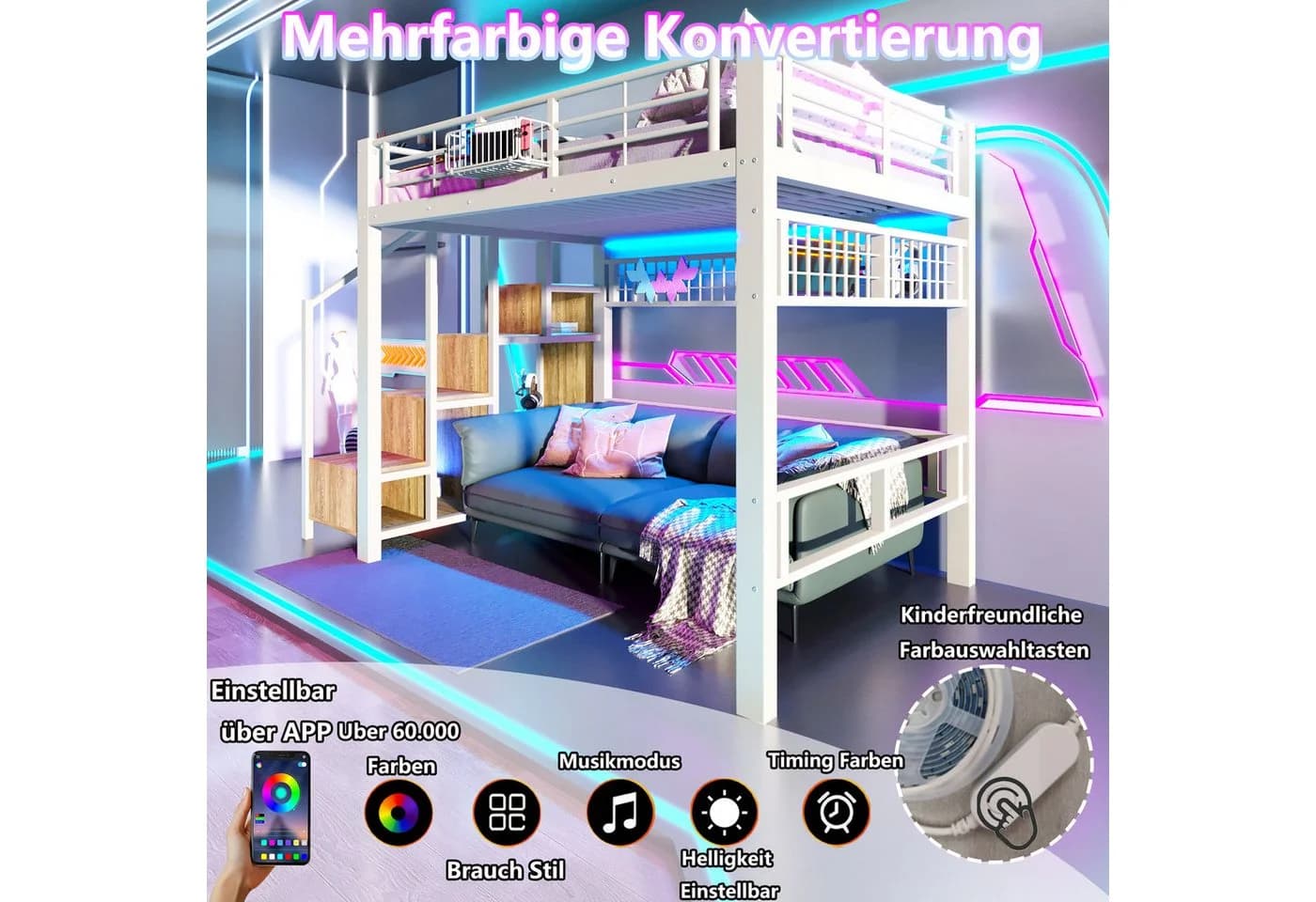 Flieks Hochbett Metall 140x200 mit LED & Stauraumtreppe - Bild 3