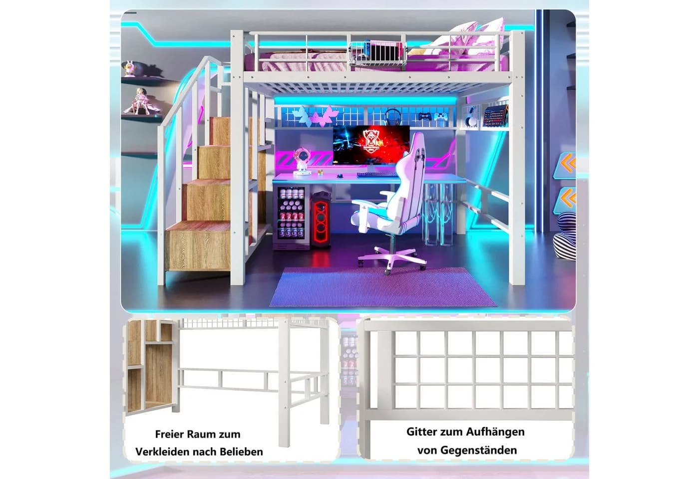 Flieks Hochbett Metall 140x200 mit LED & Stauraumtreppe - Bild 4