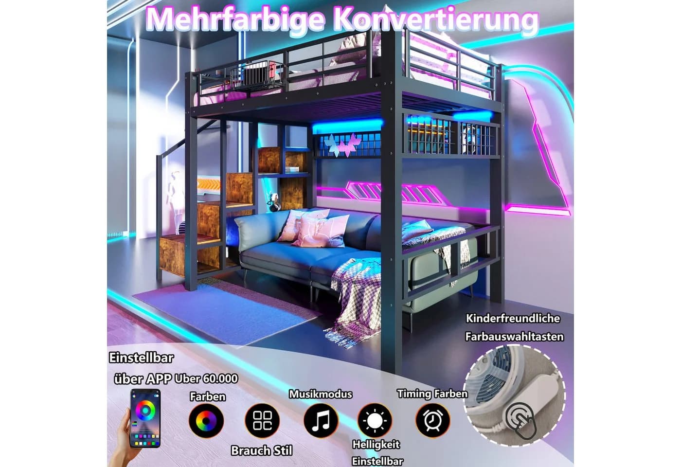 Flieks Hochbett Metallbett 140x200cm mit LED-Lichtleiste Stauraumtreppe - Bild 3