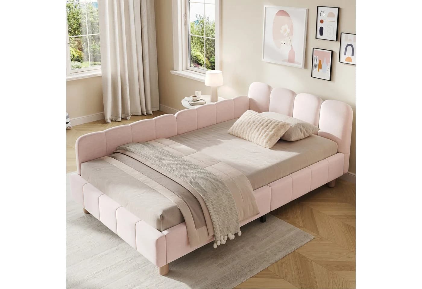 Flieks Polsterbett Rosa mit Samtbezug und Rausfallschutz