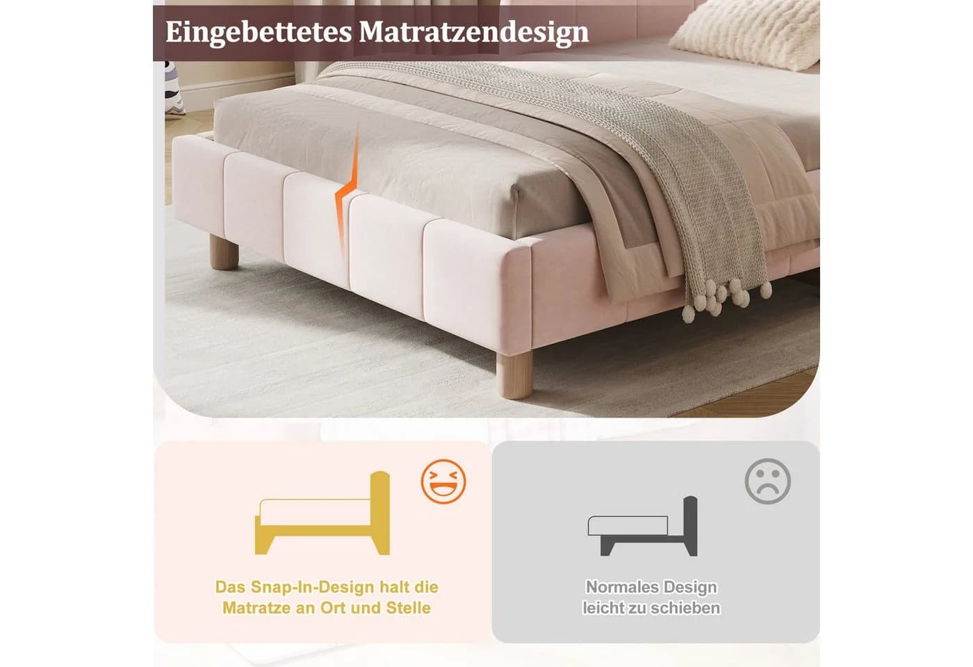 Flieks Polsterbett Rosa mit Samtbezug und Rausfallschutz - Bild 4
