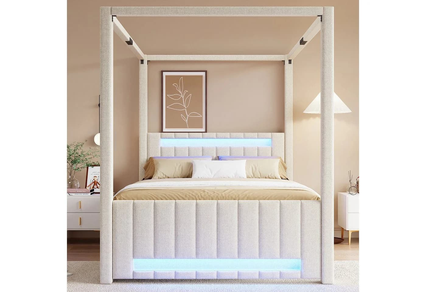 Flieks Polsterbett Himmelbett Beige mit LED, Schubladen & Ausziehbett - Bild 3