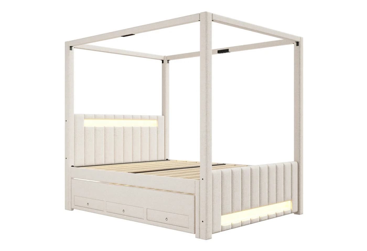 Flieks Polsterbett Himmelbett Beige mit LED, Schubladen & Ausziehbett - Bild 5
