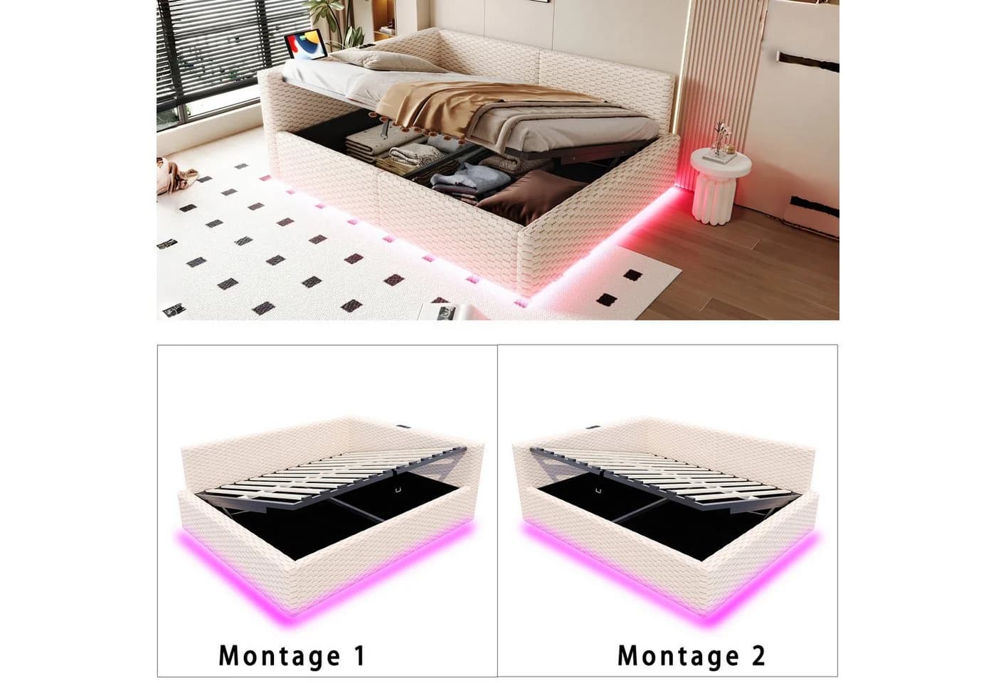 Flieks Polsterbett 140x200 mit LED, Aufladen & Bettkasten Beige - Bild 3