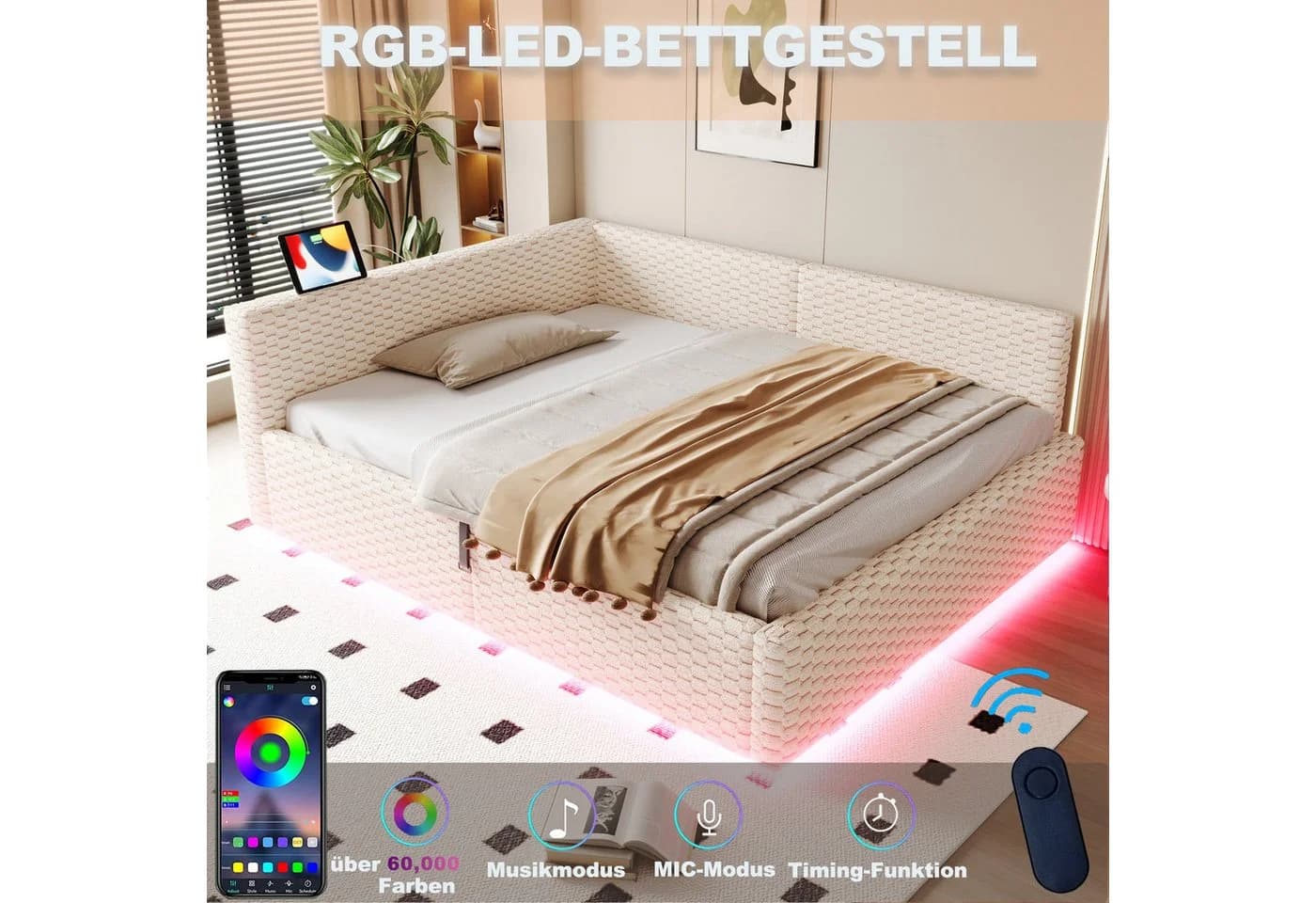 Flieks Polsterbett 140x200 mit LED, Aufladen & Bettkasten Beige - Bild 4