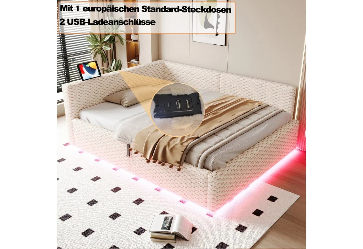 Flieks Polsterbett 140x200 mit LED, Aufladen & Bettkasten Beige - Bild 5