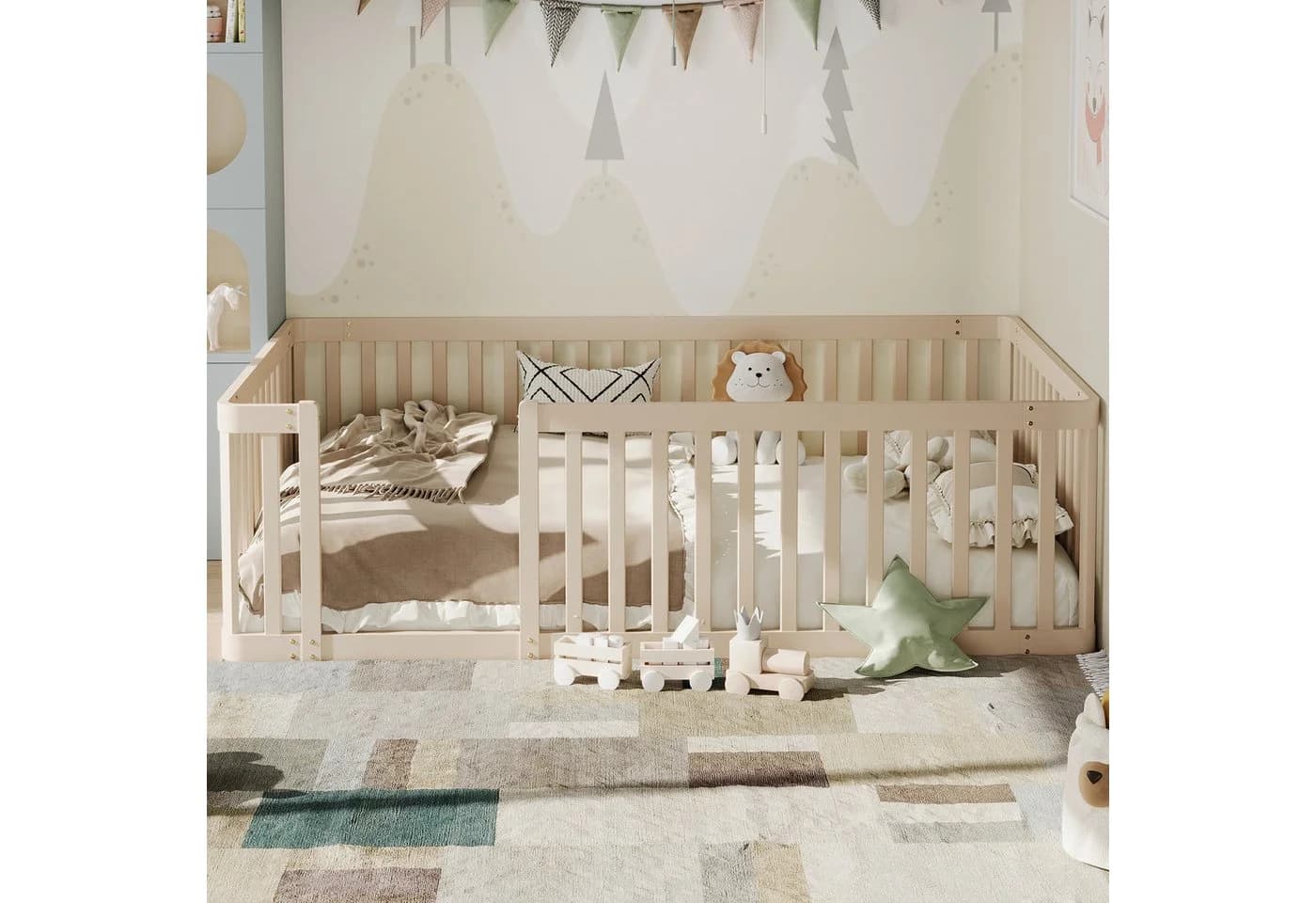 Flieks Kinderbett Massivholz Bodenbett mit Zaun Beige