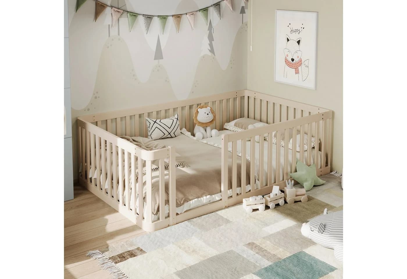 Flieks Kinderbett Massivholz Bodenbett mit Zaun Beige - Bild 2