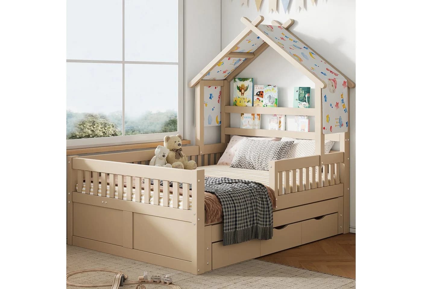 Flieks Kinderbett Hausbett 140x200 mit Ausziehbett & Schubladen