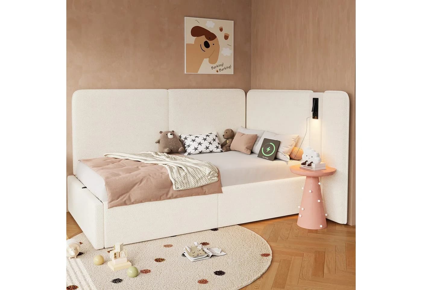 Flieks Polsterbett Daybett Beige mit Stauraum und Leselampe