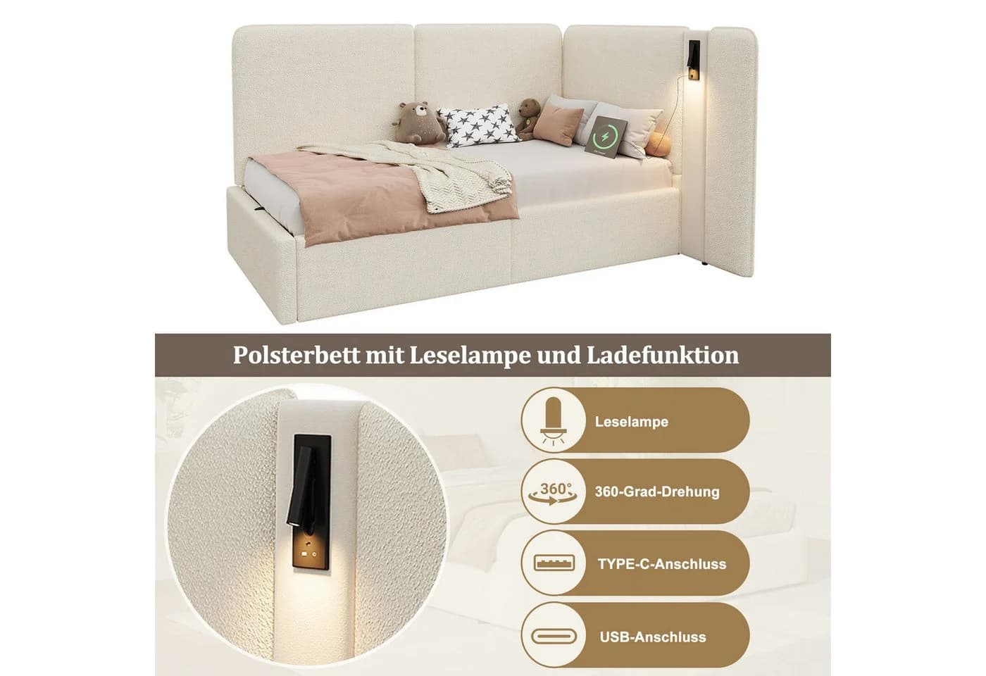 Flieks Polsterbett Daybett Beige mit Stauraum und Leselampe - Bild 3