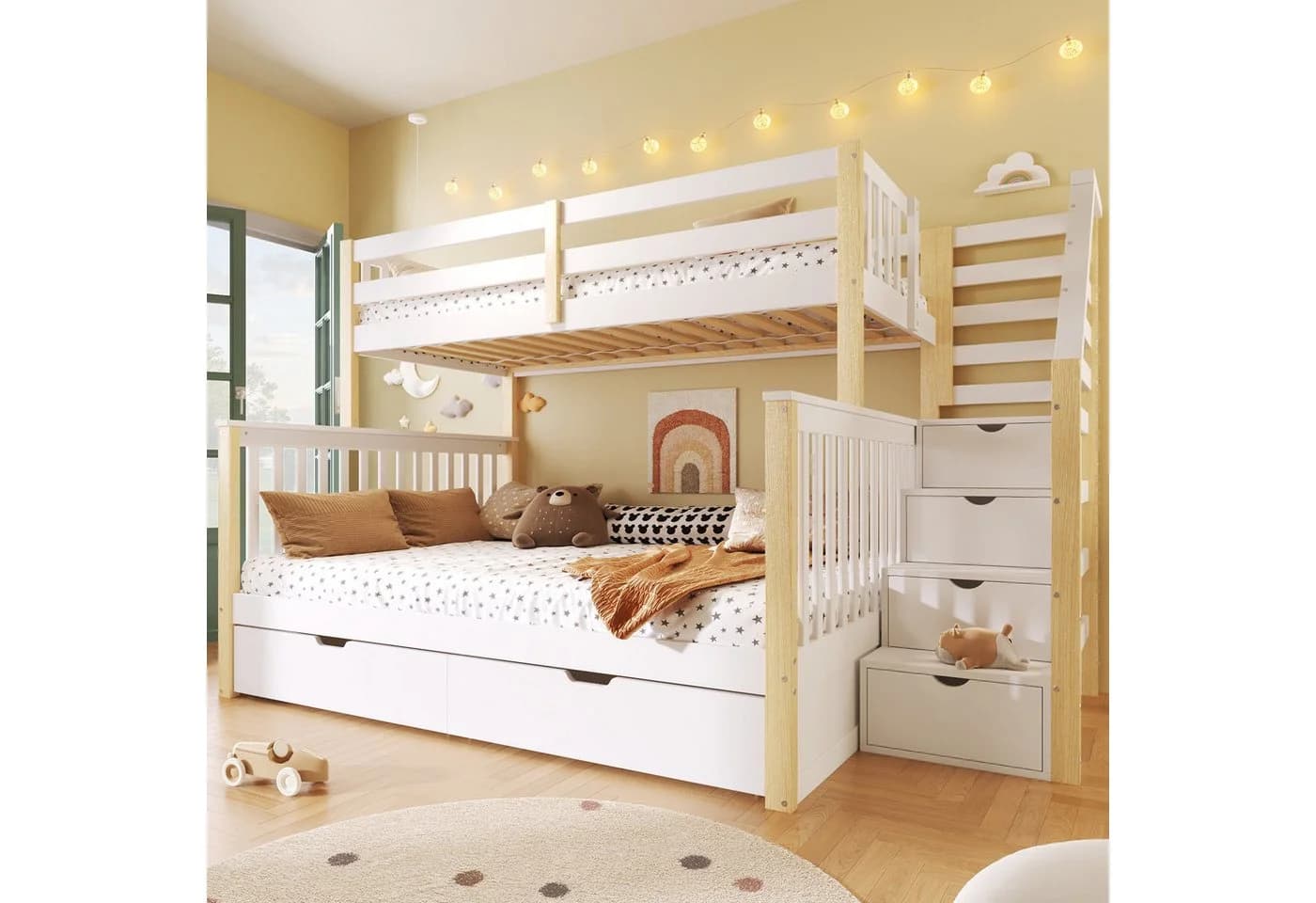 Flieks Etagenbett Kiefer mit Stauraumtreppe und Schubladen