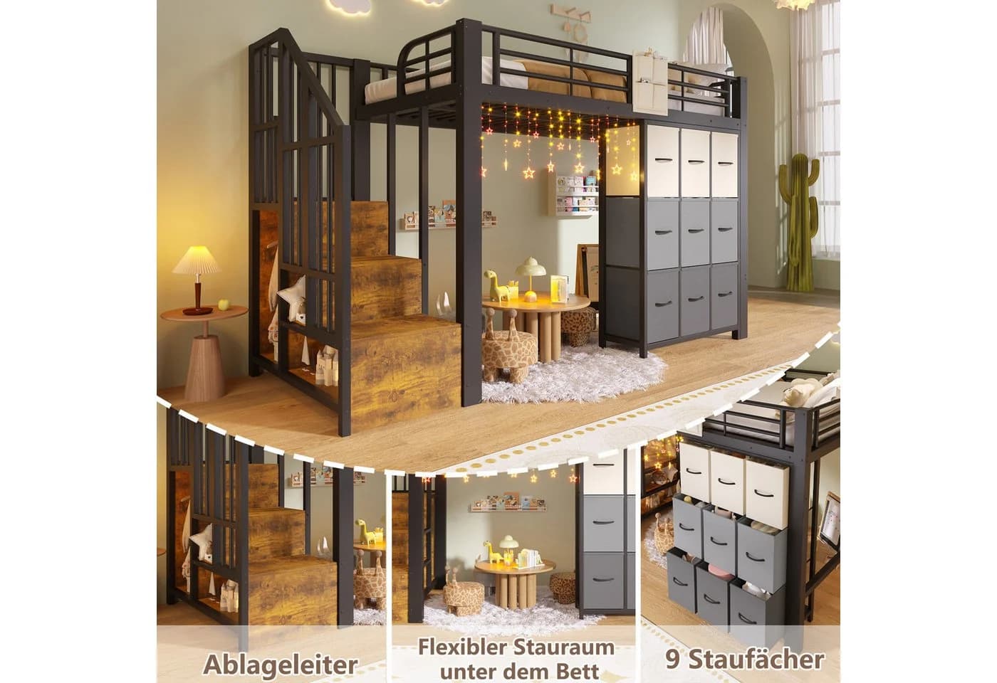 Flieks Hochbett Metall 90x200 mit Kommode & Stauraumtreppe - Bild 4