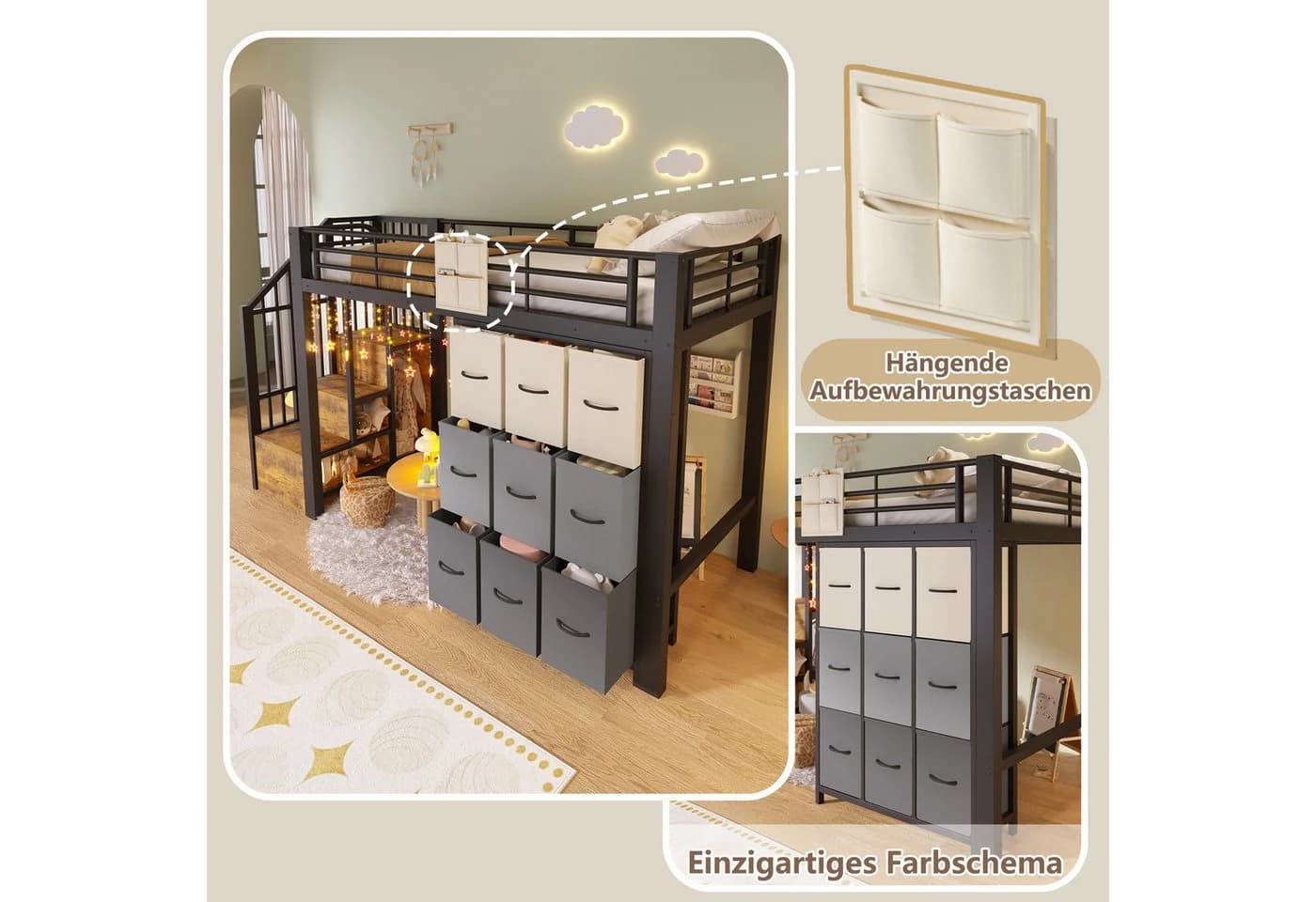 Flieks Hochbett Metall 90x200 mit Kommode & Stauraumtreppe - Bild 5