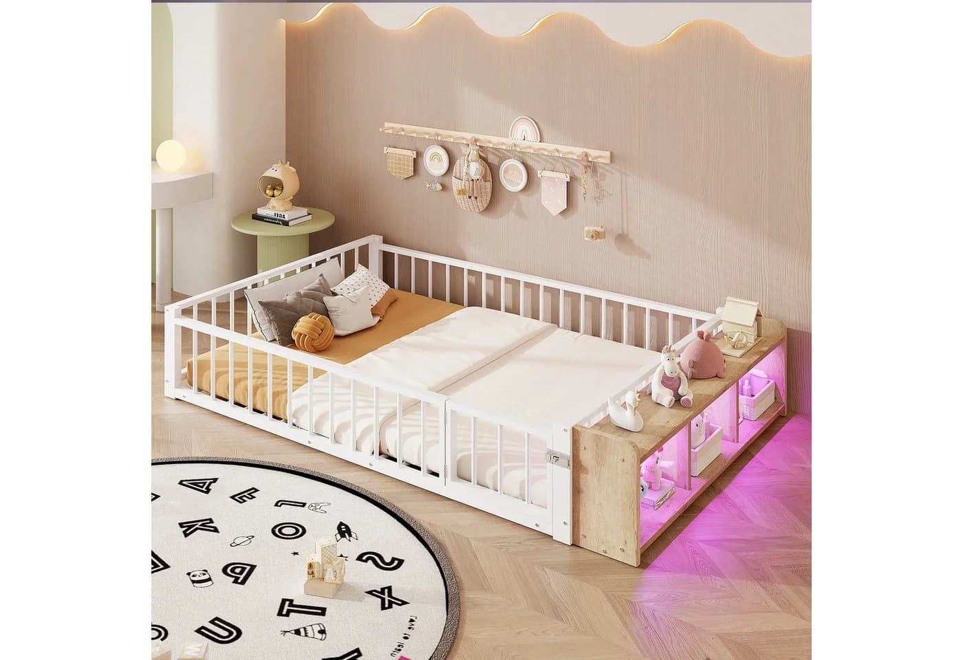 Flieks Kinderbett Bodenbett Metall weiß mit Schutzgeländer und LED-Staufach