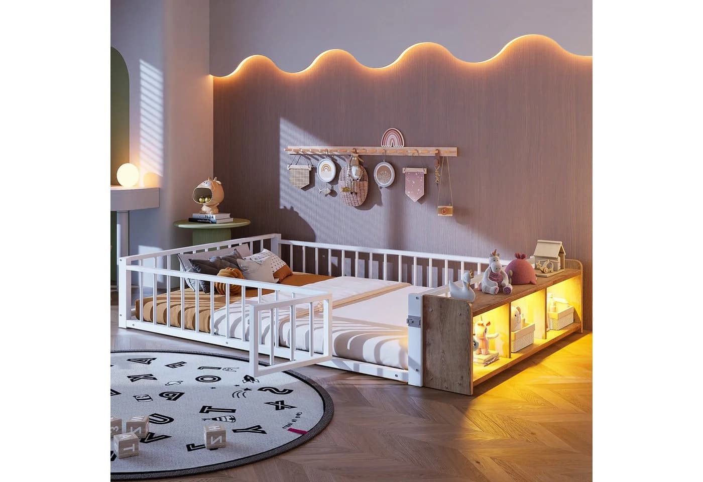 Flieks Kinderbett Bodenbett Metall weiß mit Schutzgeländer und LED-Staufach - Bild 2