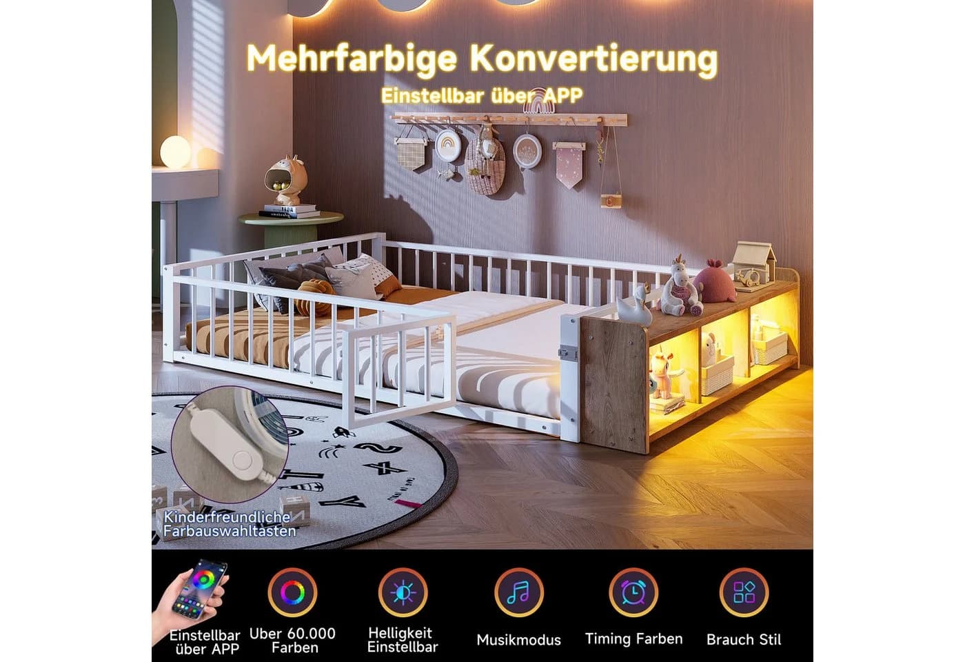 Flieks Kinderbett Bodenbett Metall weiß mit Schutzgeländer und LED-Staufach - Bild 4