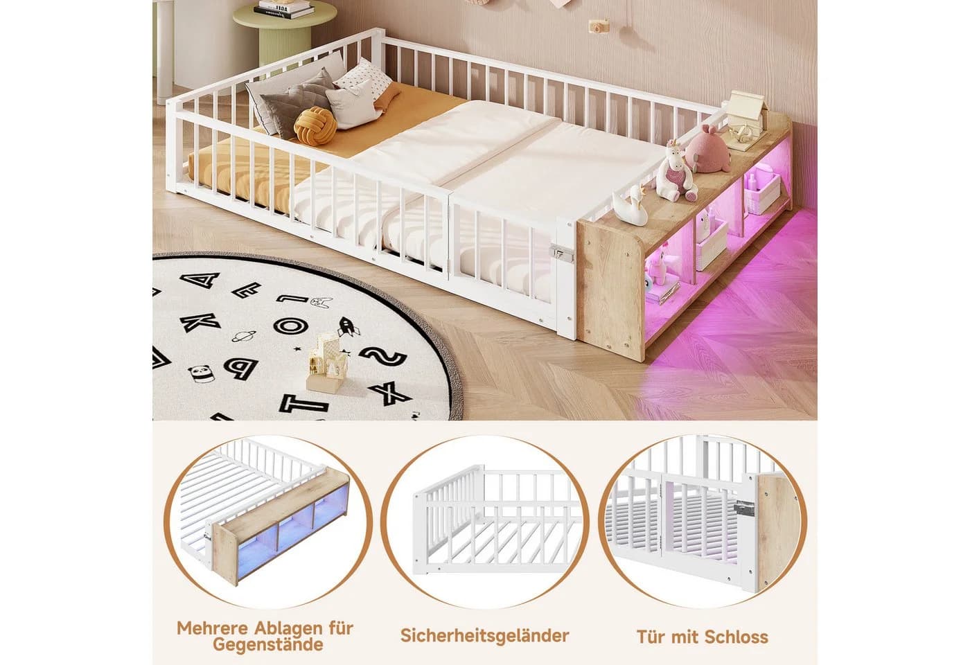 Flieks Kinderbett Bodenbett Metall weiß mit Schutzgeländer und LED-Staufach - Bild 5