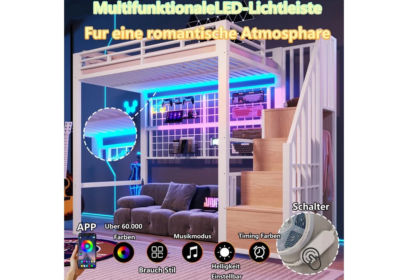 Flieks Hochbett Metall 90x200 mit LED & Kleiderstange - Bild 4