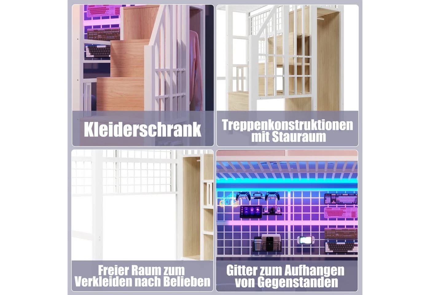 Flieks Hochbett Metall 90x200 mit LED & Kleiderstange - Bild 5