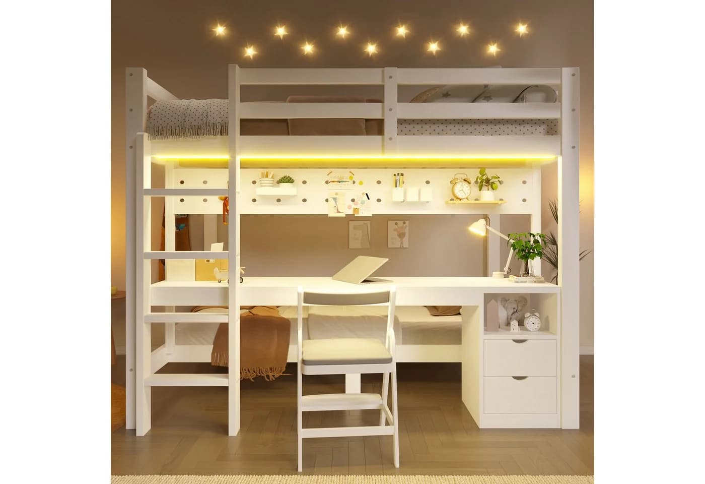 Flieks Etagenbett Kinderbett mit Lichtleiste, Schreibtisch und Schubladen Weiß