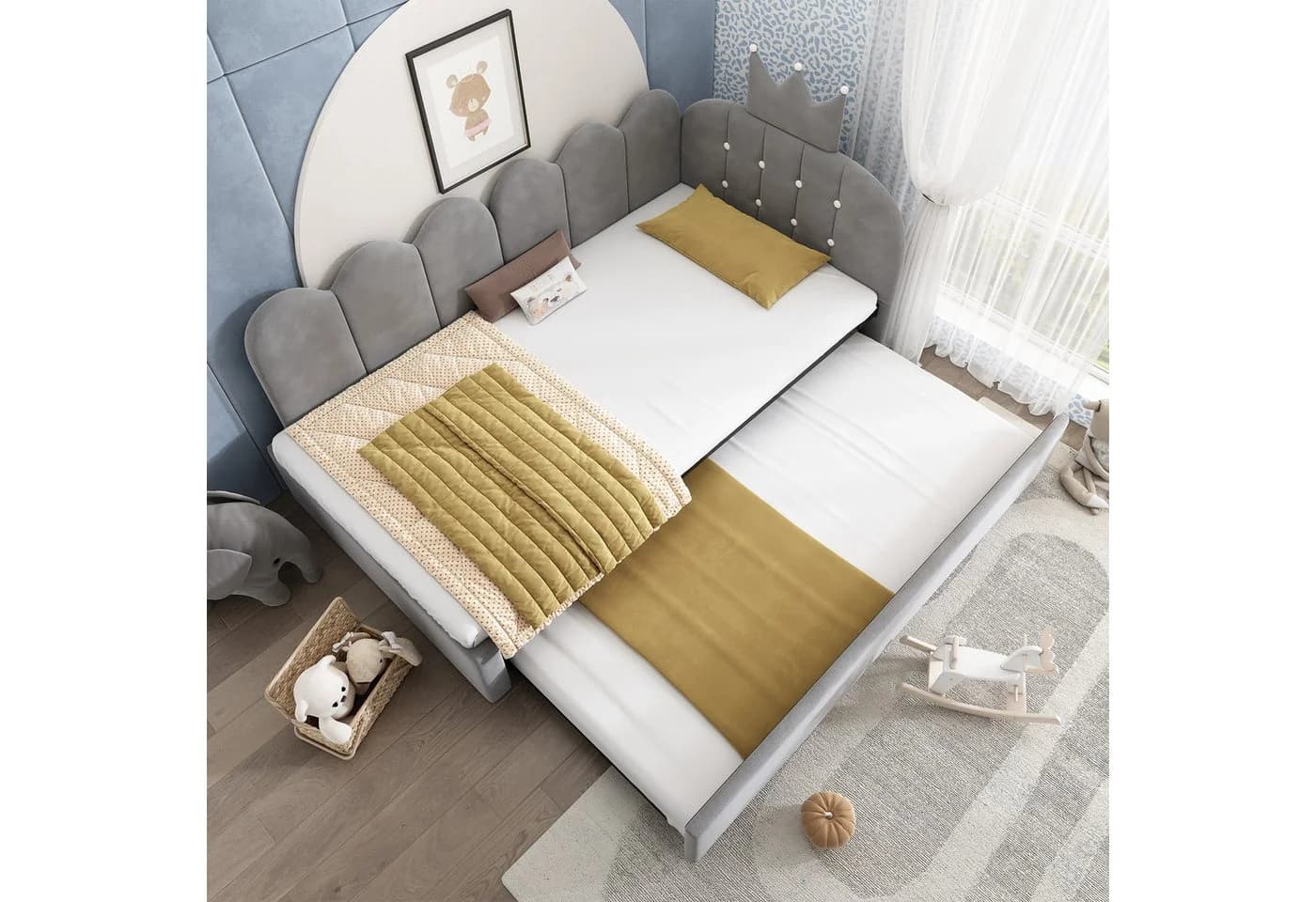 Flieks Polsterbett Daybett L-Form Grau mit Kronen-Design