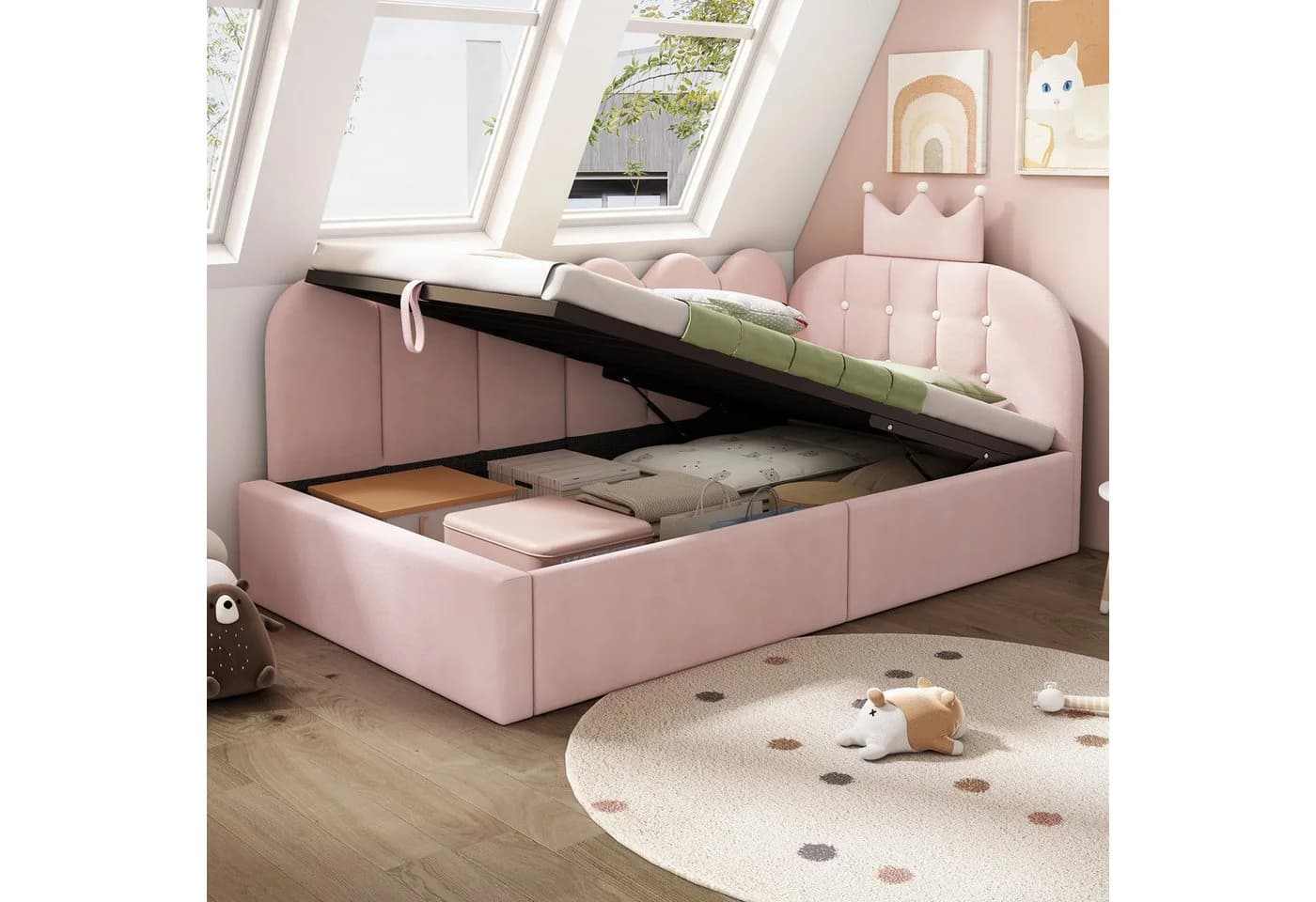 Flieks Polsterbett L-Form Rosa Hydraulisches Daybett mit Kronen-Design