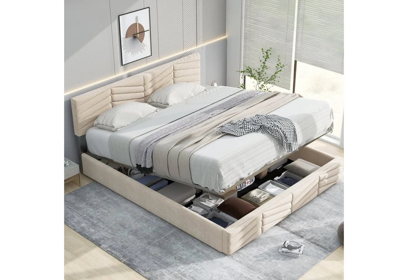 Flieks Polsterbett Hydraulisch Samt Beige - Bild 2
